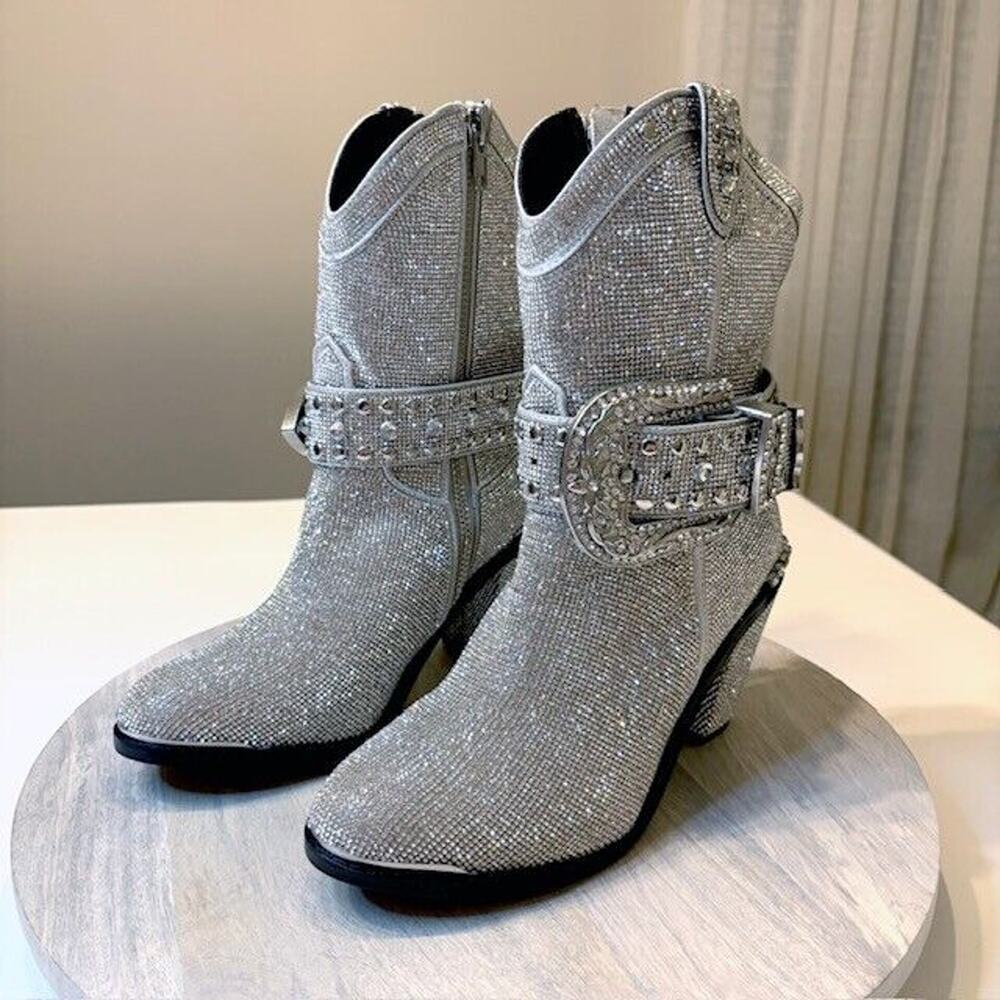 Club EXX Women's Icy‎ Sheriff Shine Silver Rhinestone Cowboy Boots US Size 9